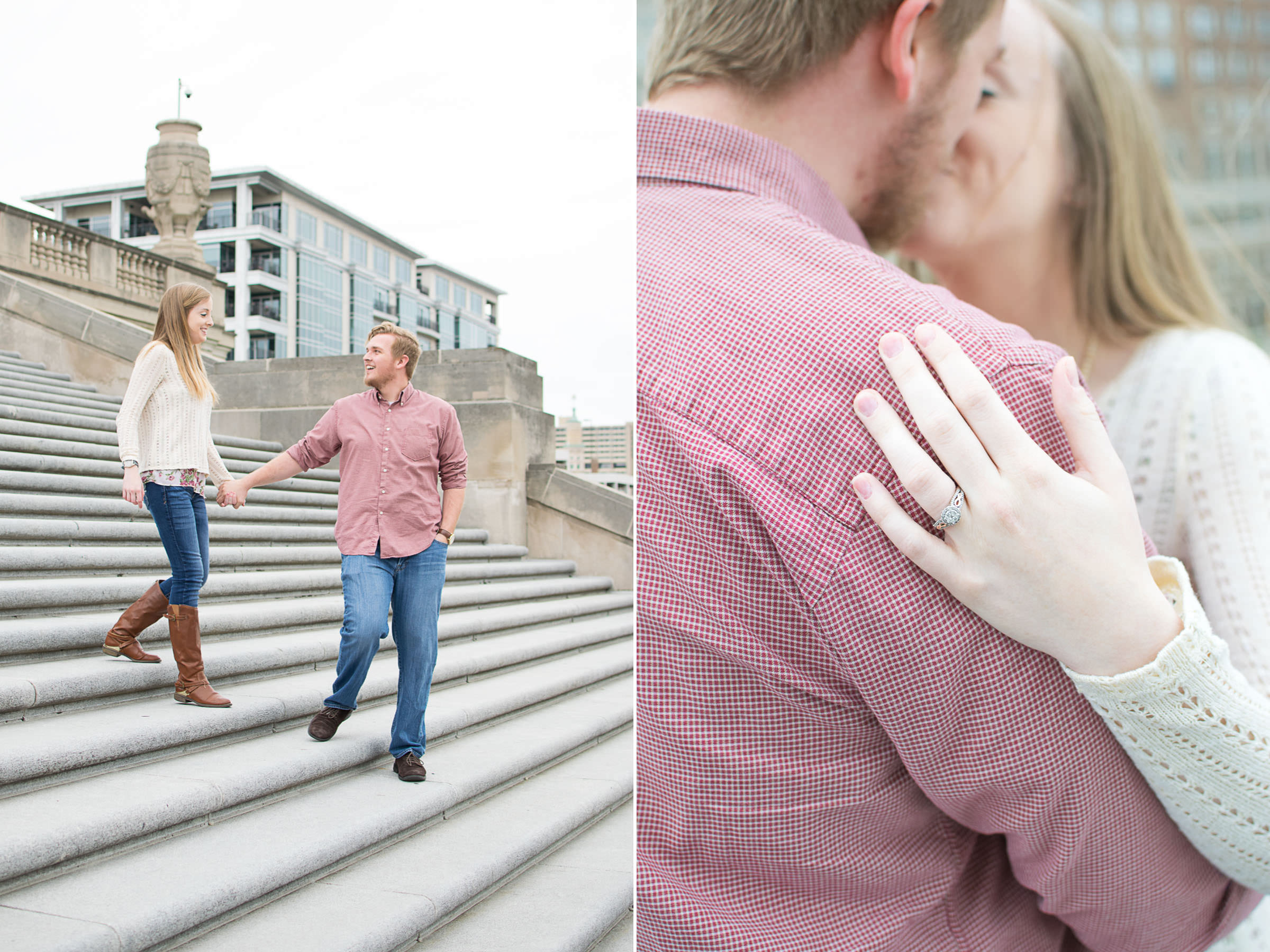 couple walks down indiana war memorial stairs and close up of engagement ring