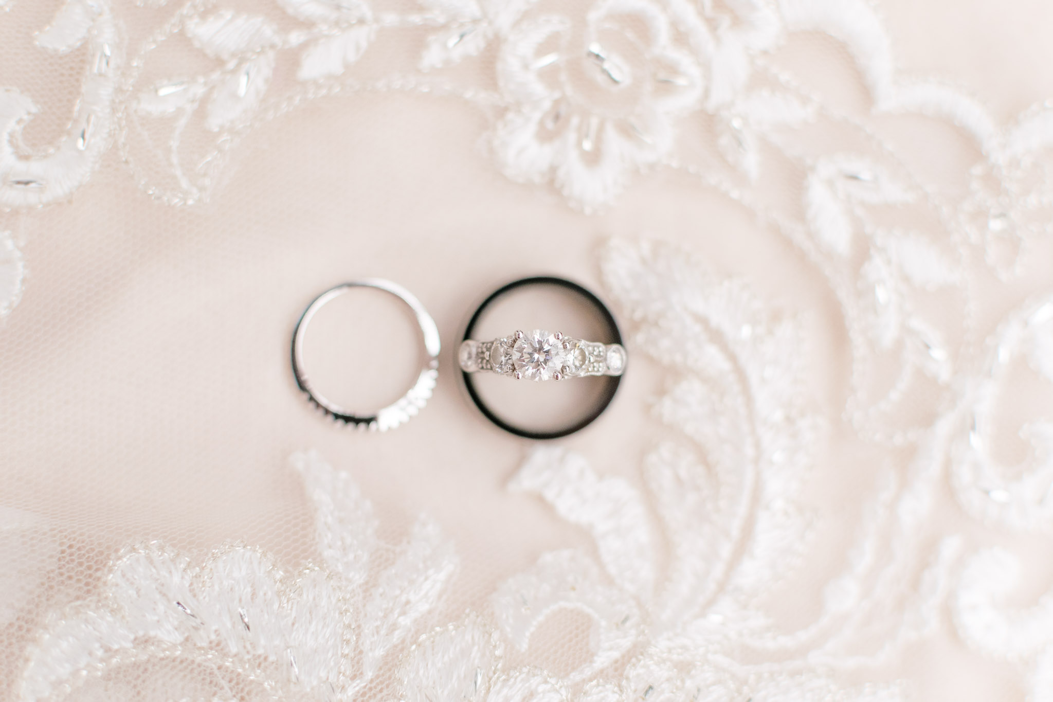 Closeup of wedding and engagement rings on wedding day in Indianapolis