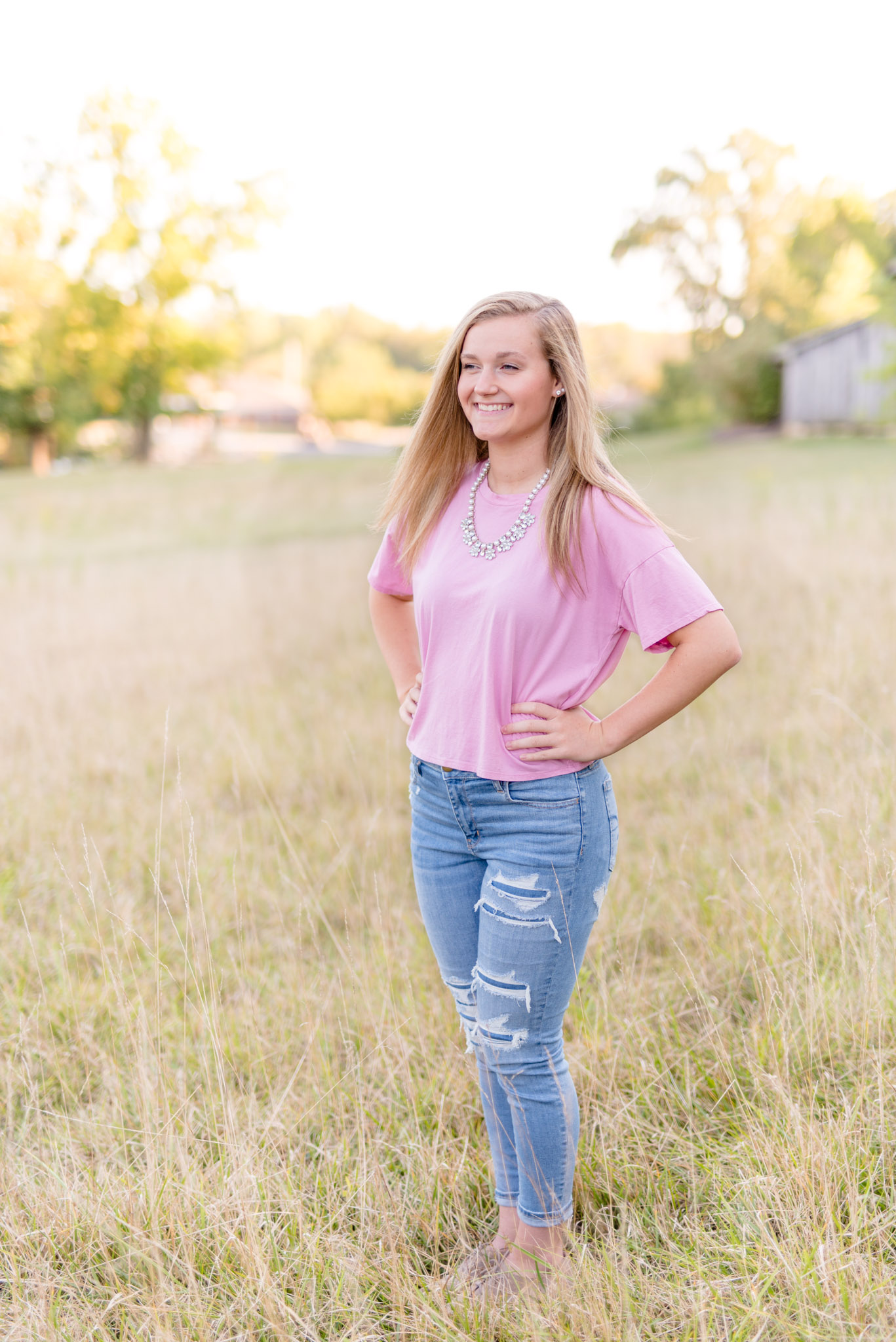 Senior Model looks to the side and laughs
