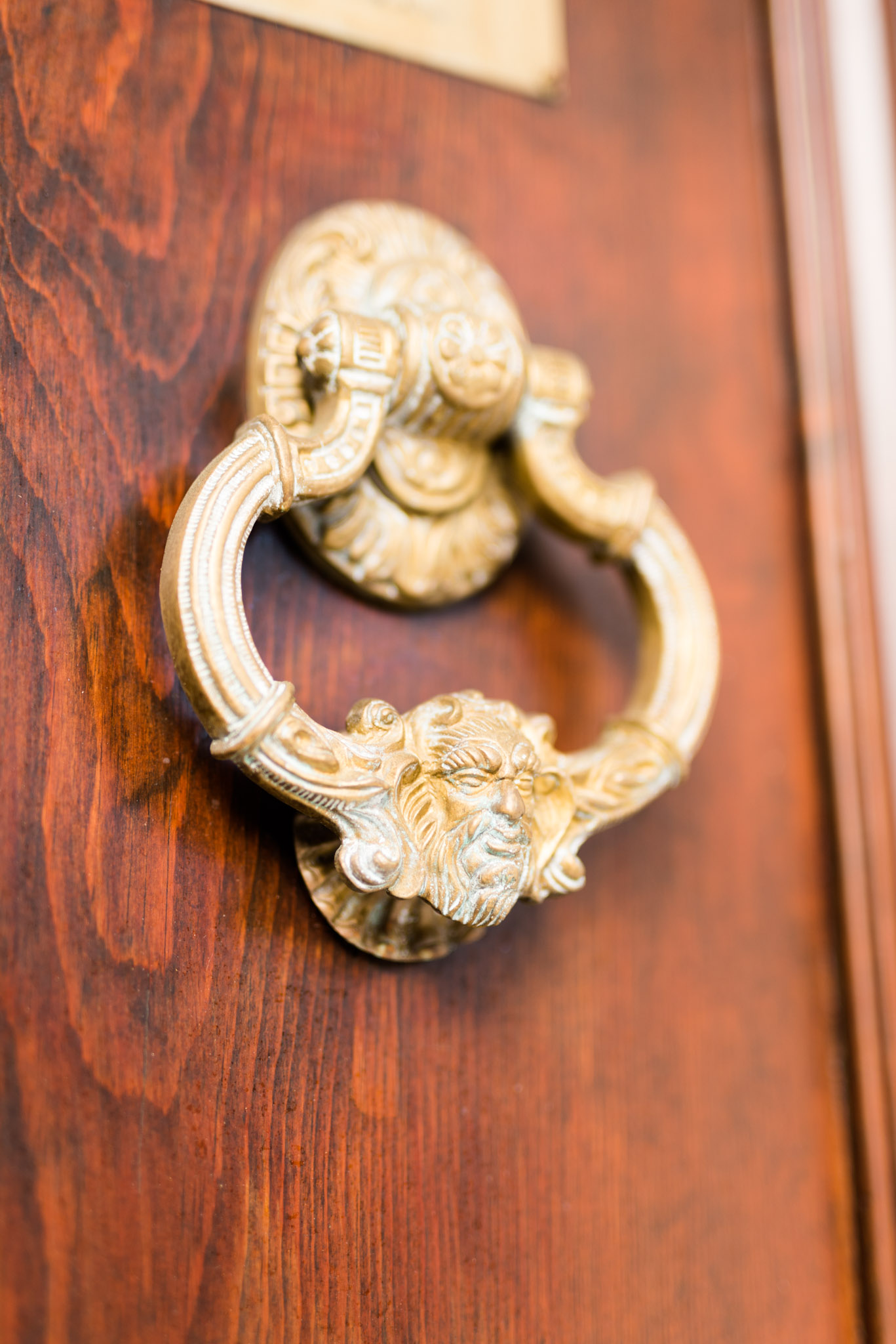 antique gold door knocker on brown door