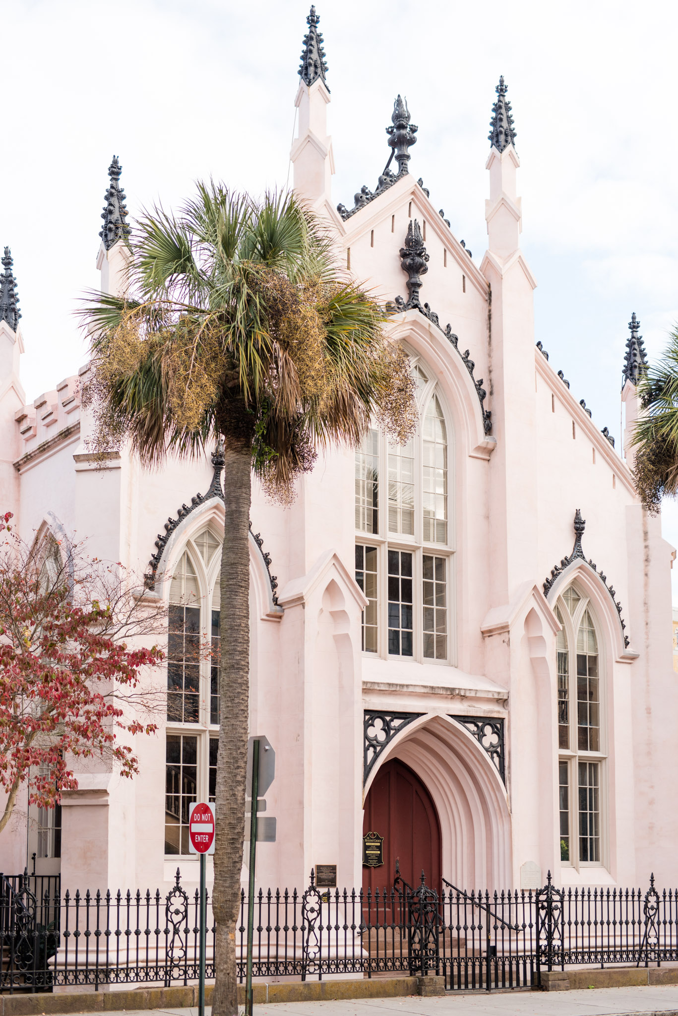 Pink church with palm tree in front
