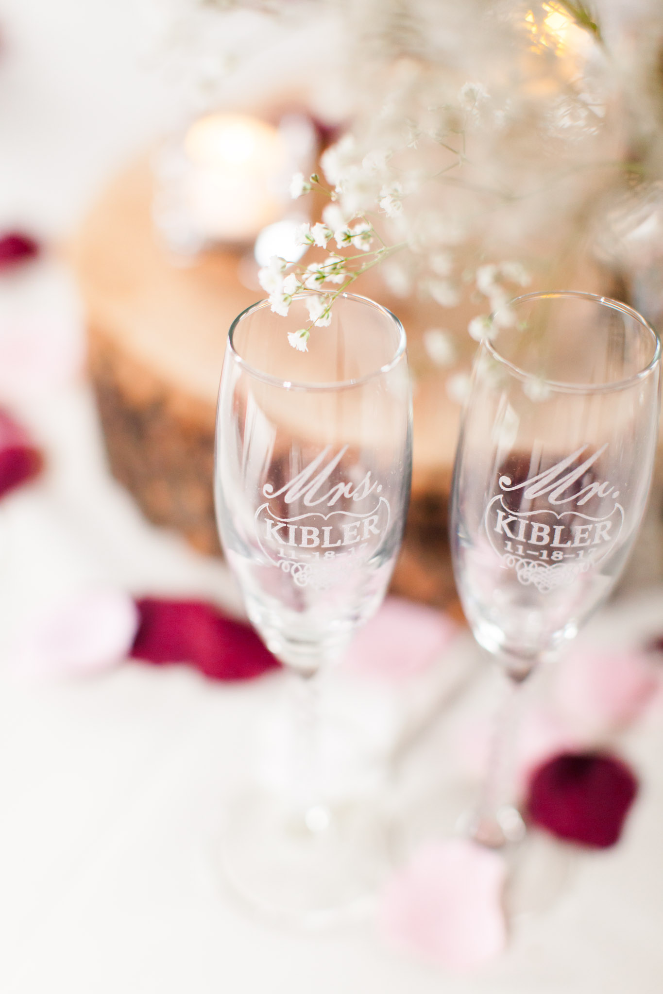 Mr. and Mrs. Champagne glasses on wedding day .