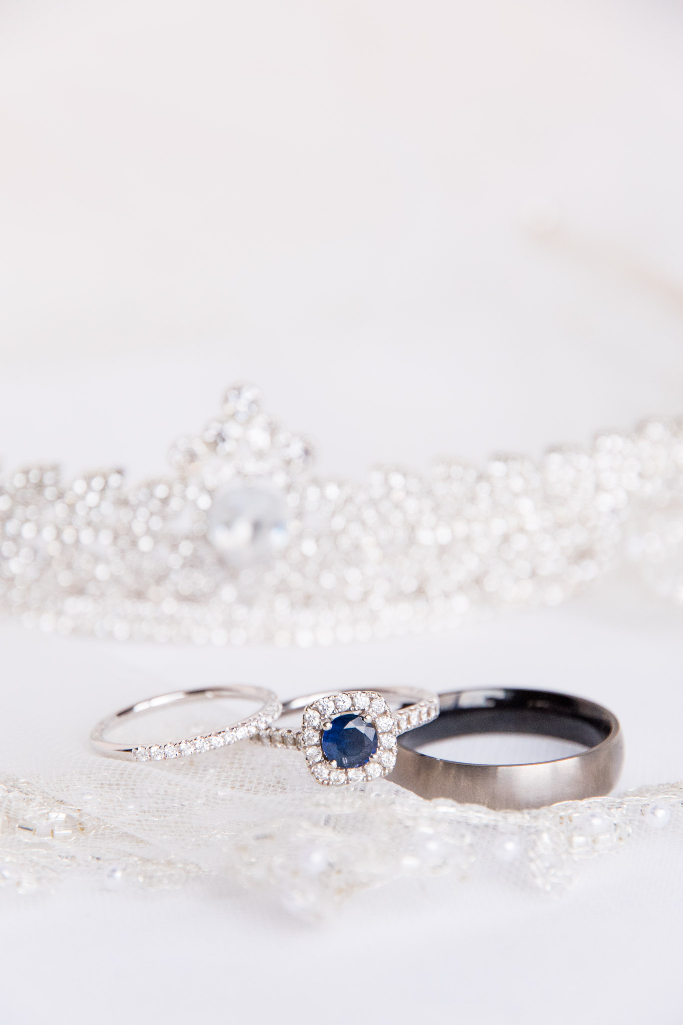 Sapphire Engagement Ring and Wedding Bands Displayed