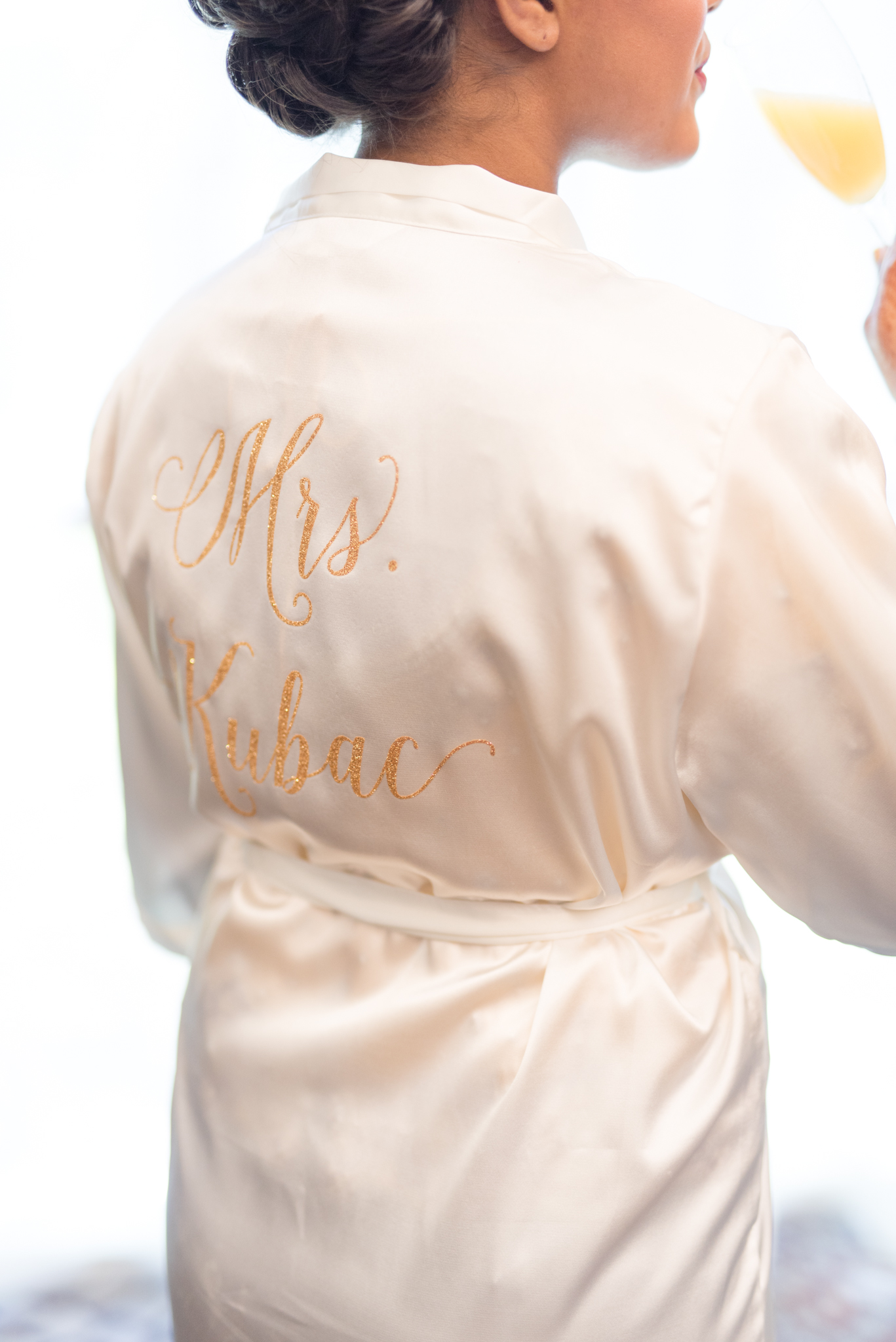 Closeup of Personalized bridal robe.