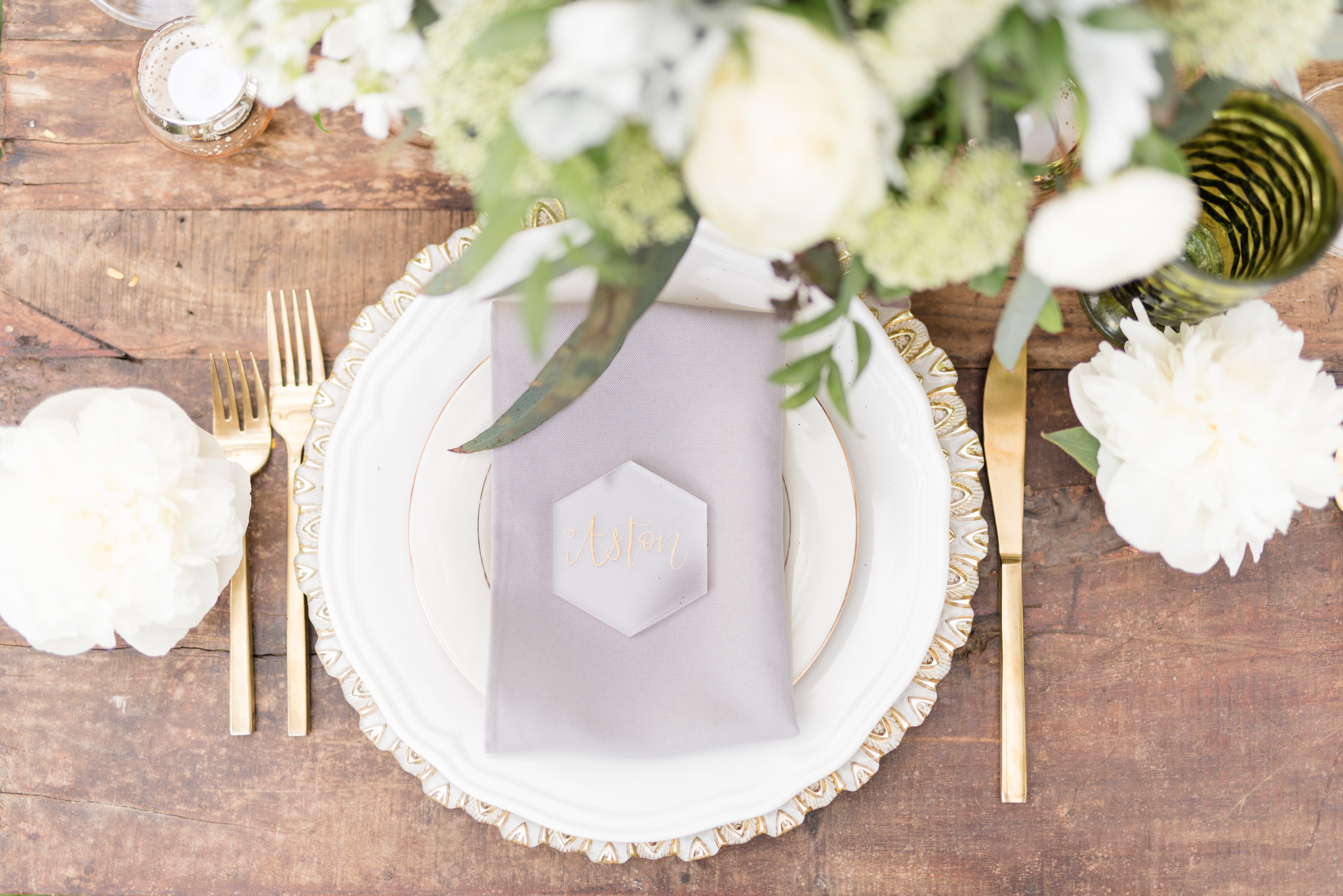 Luxury Wedding place settings with gold utensils