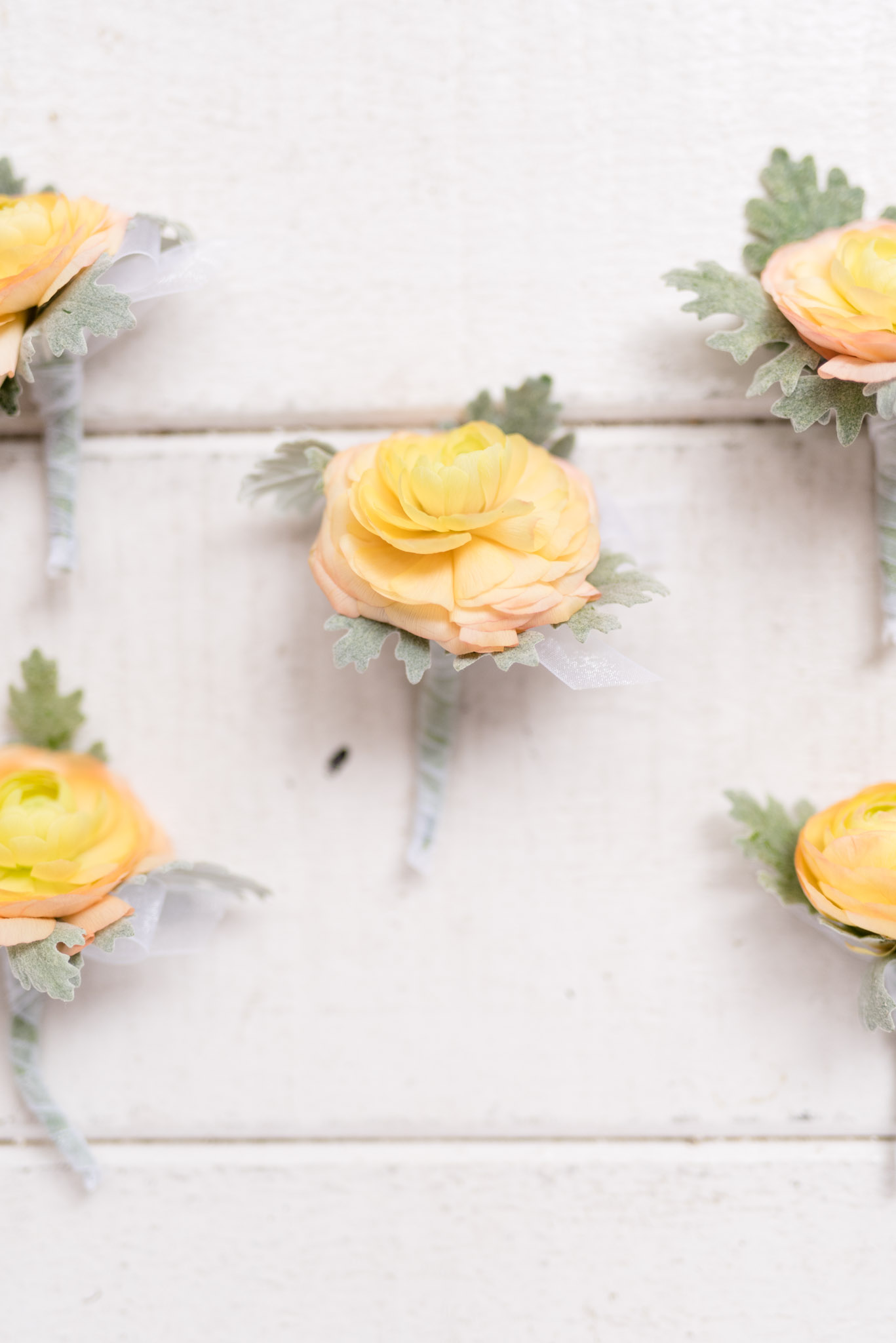 Boutonnieres sit on white wood.