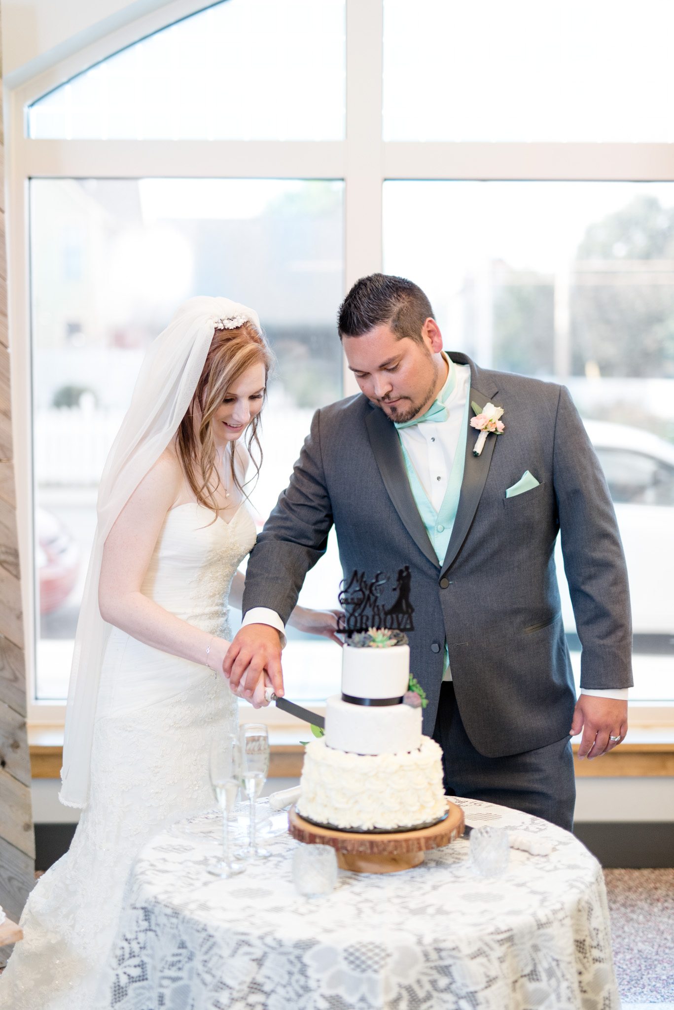 Bride and groom cut the cake at wedding reception.