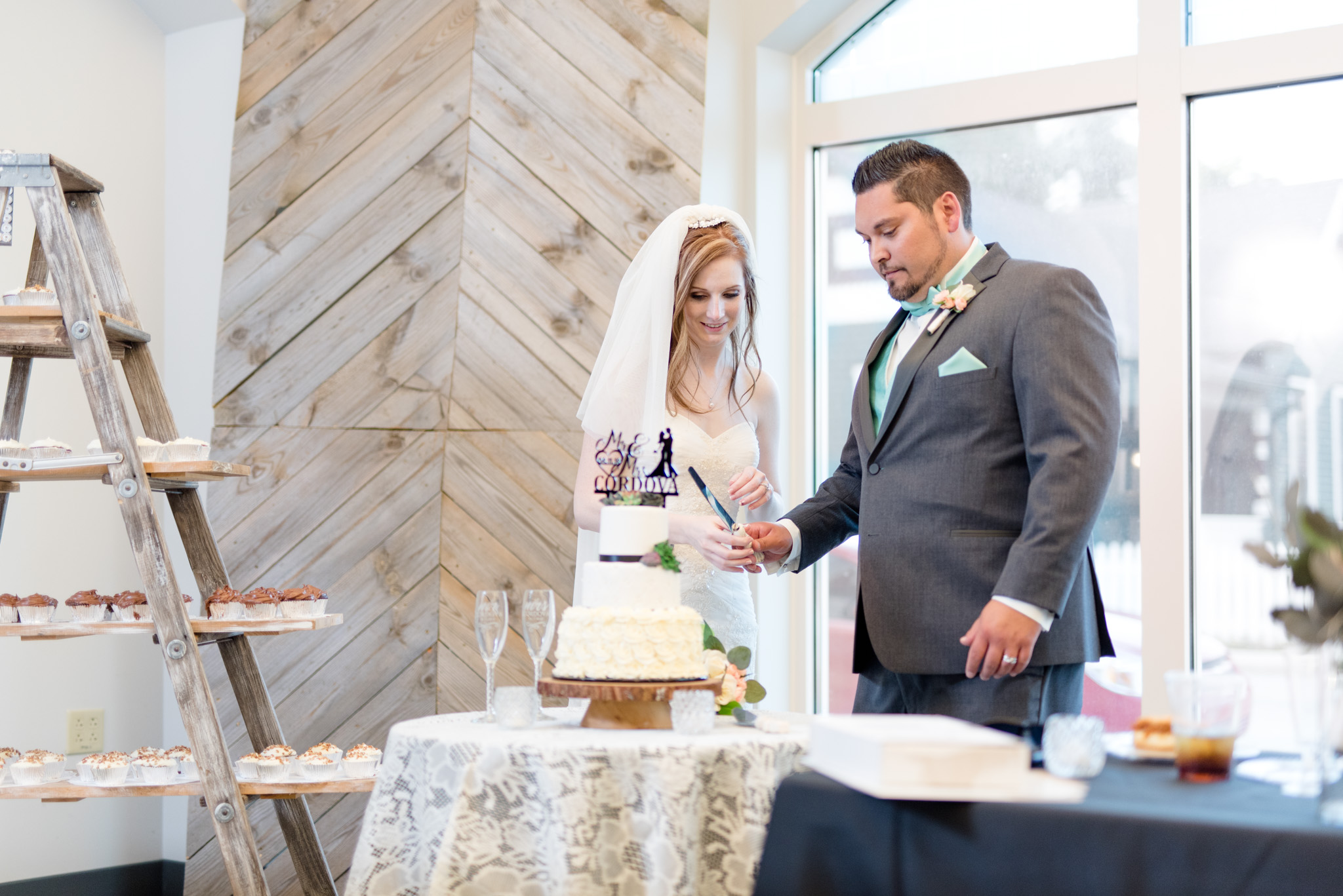 Bride and groom cut the cake.