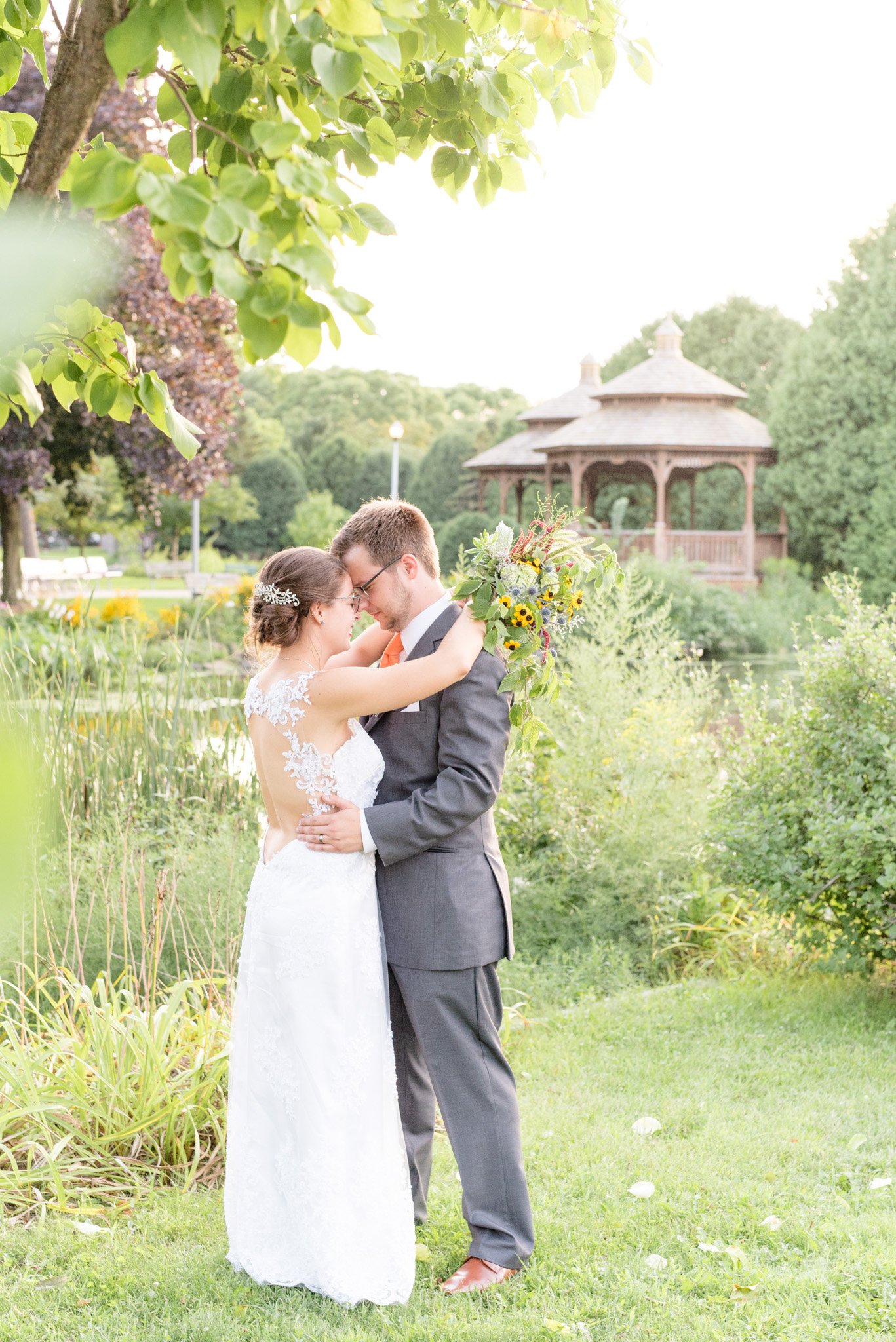 Bride and groom touch foreheads