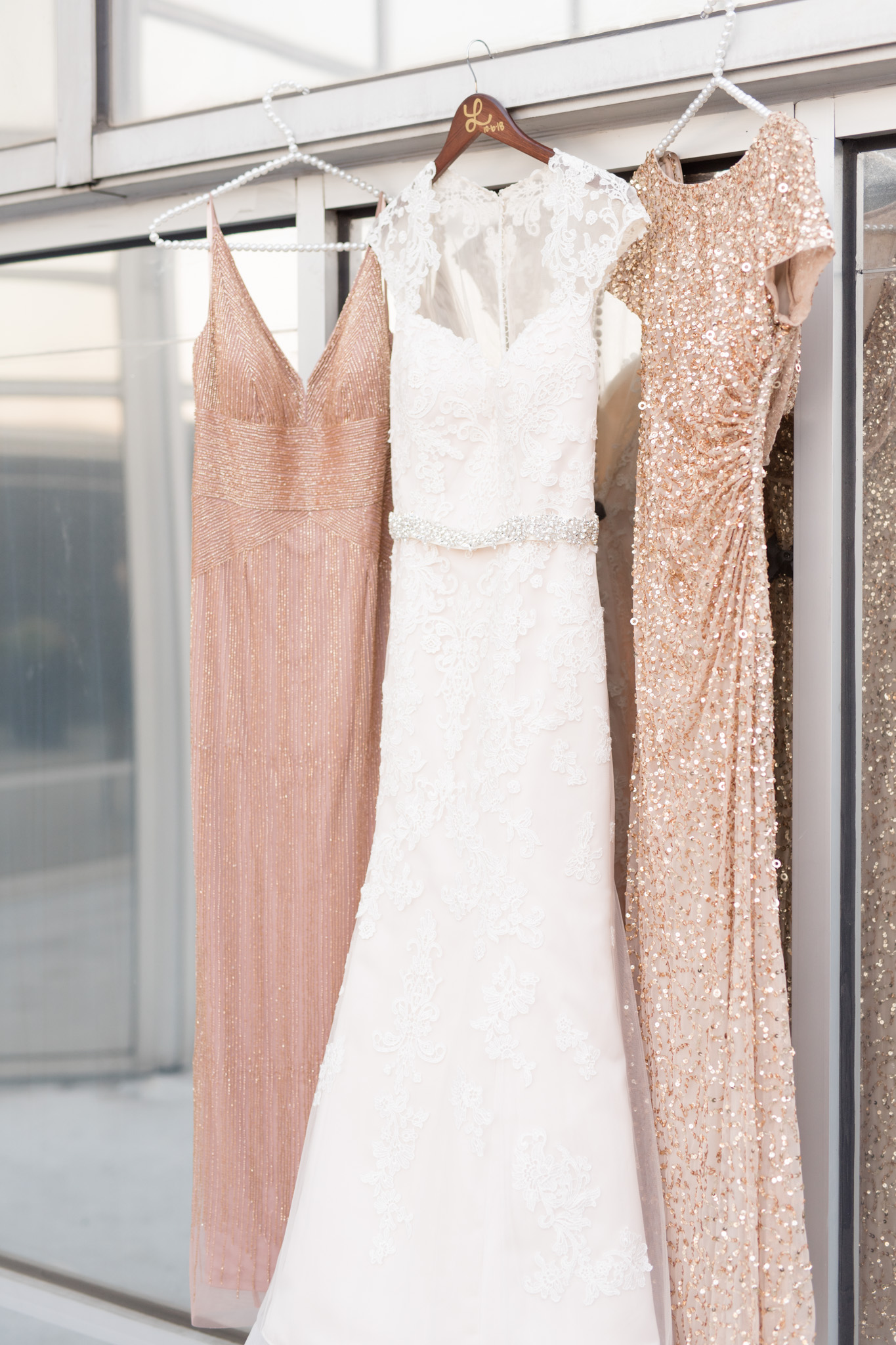 Bride and bridesmaids dresses hang on window.
