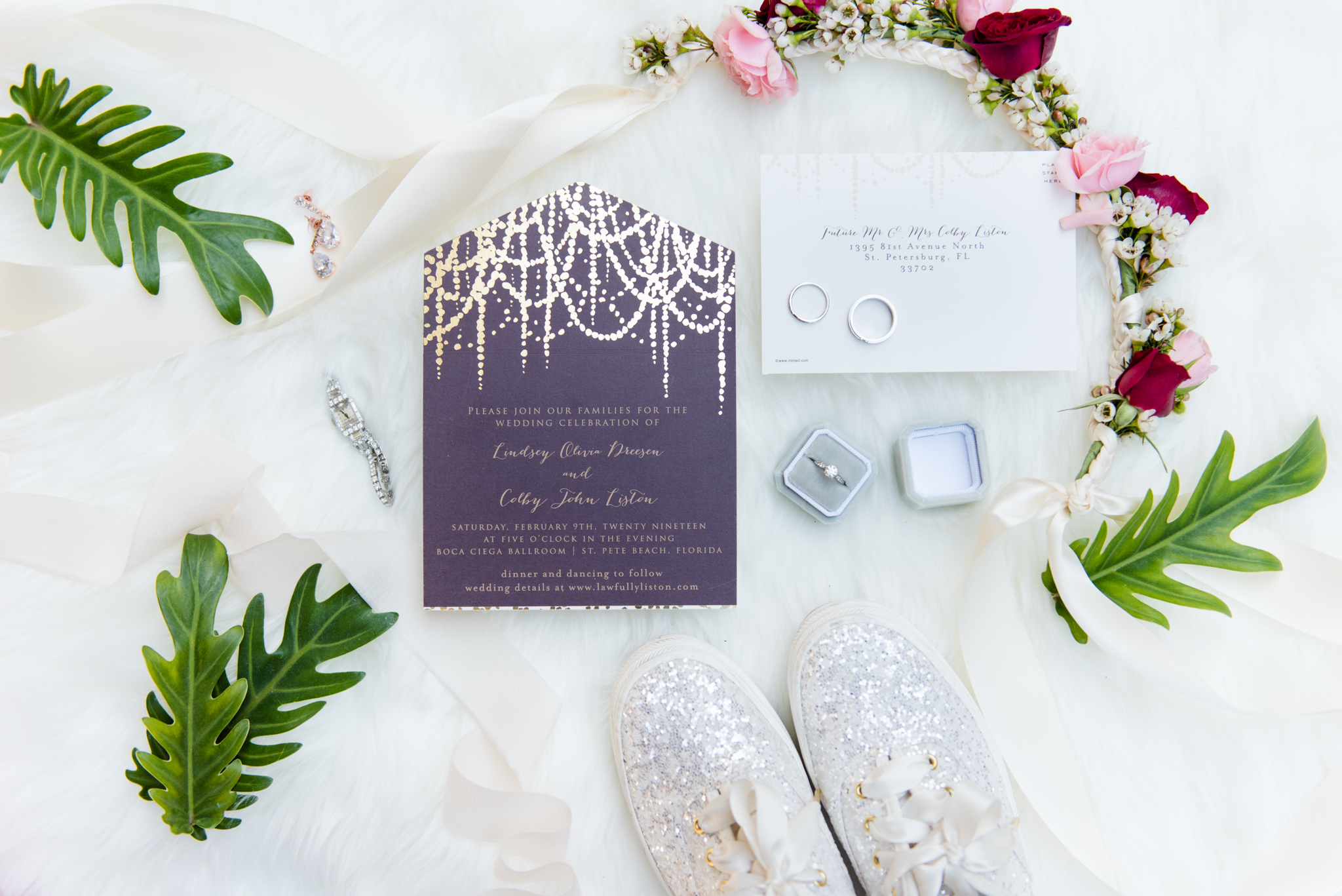 Wedding details arranged for photographs.