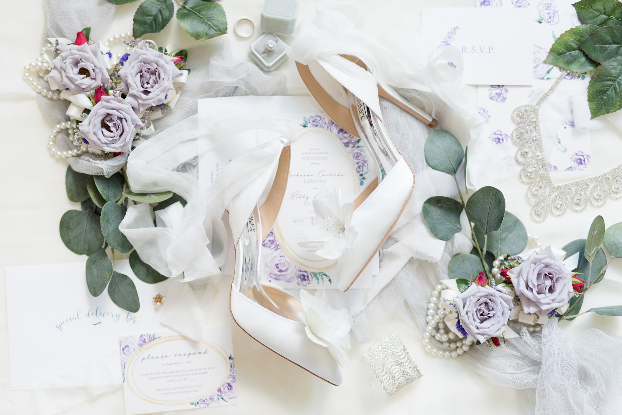 Bridal shoes sit with bridal details.
