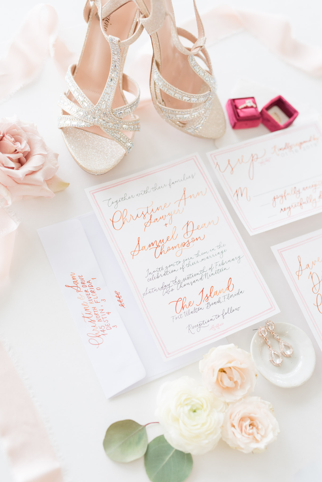 Wedding invitations and flowers.