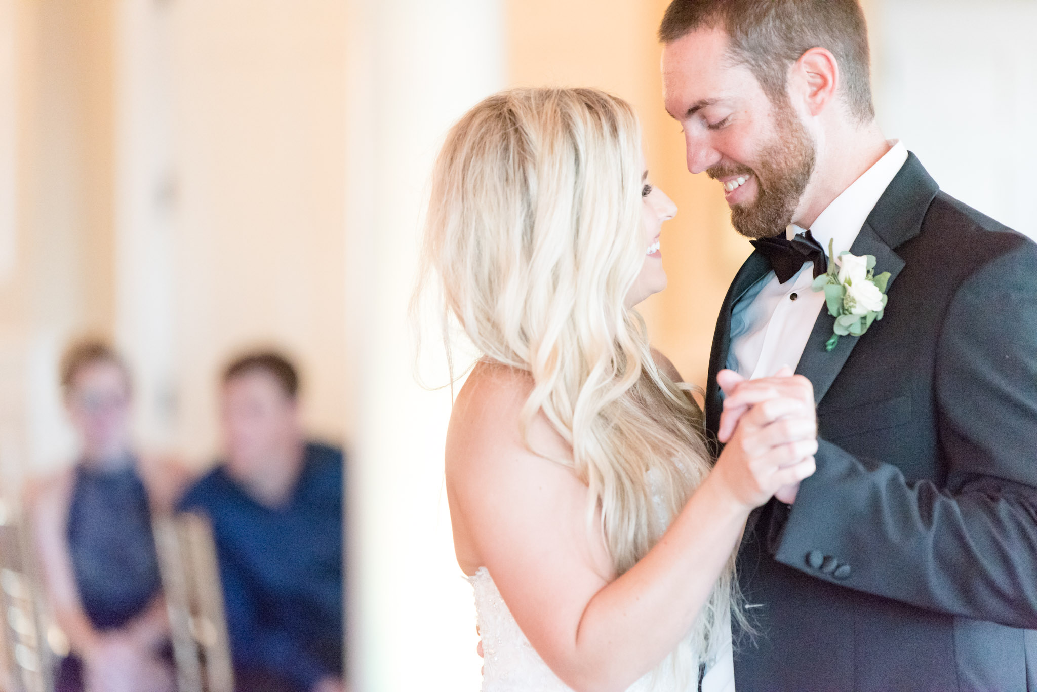 Wedding couple dance at reception.