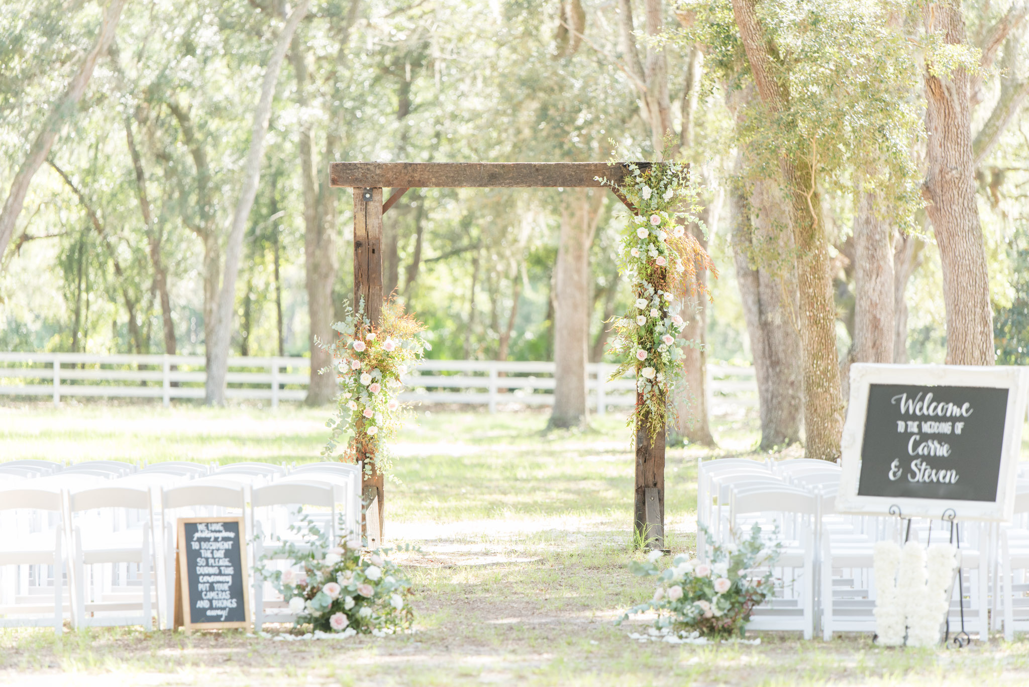 Wedding ceremony seating and arch.