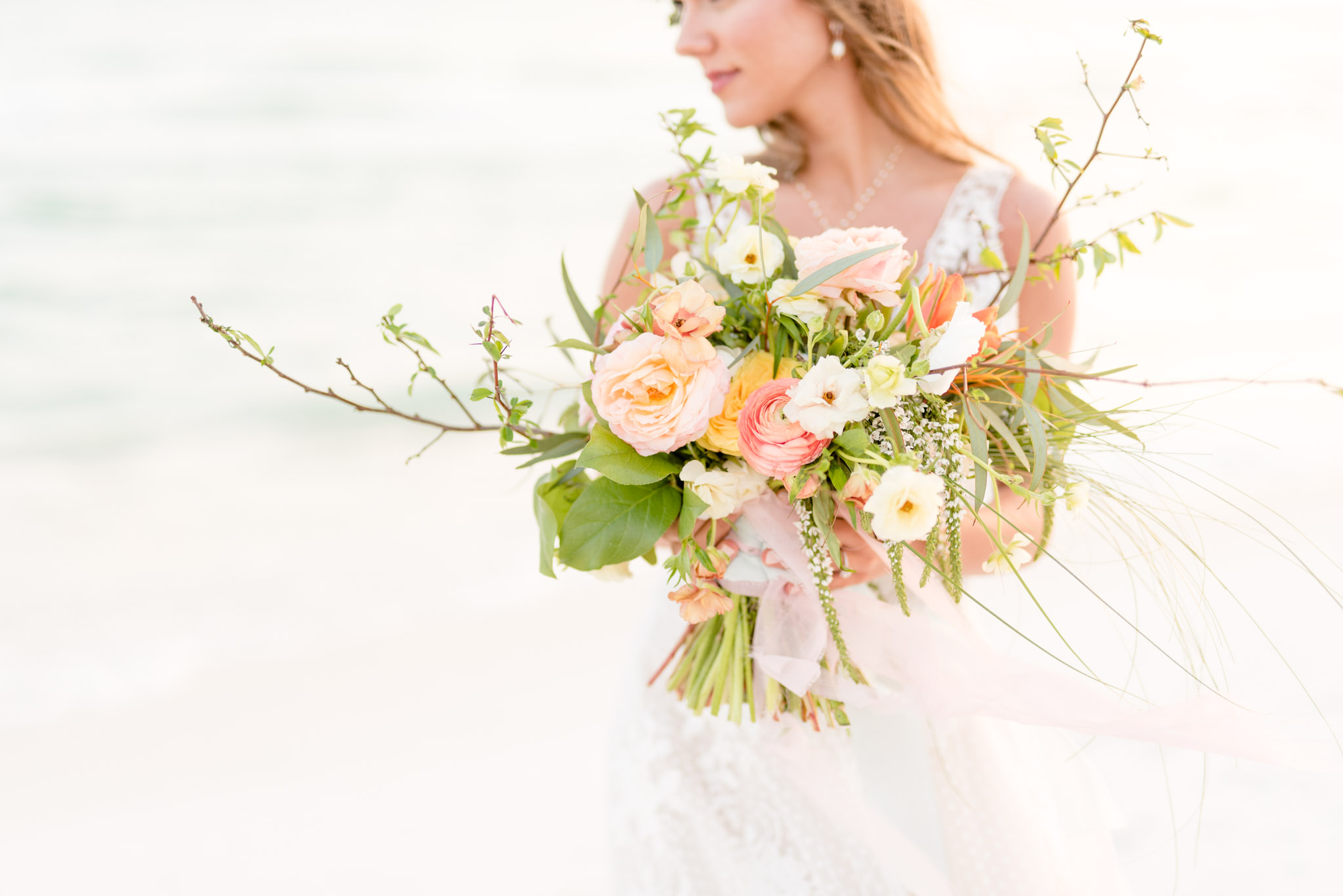 Closeup of pink and white bridal bouquet.