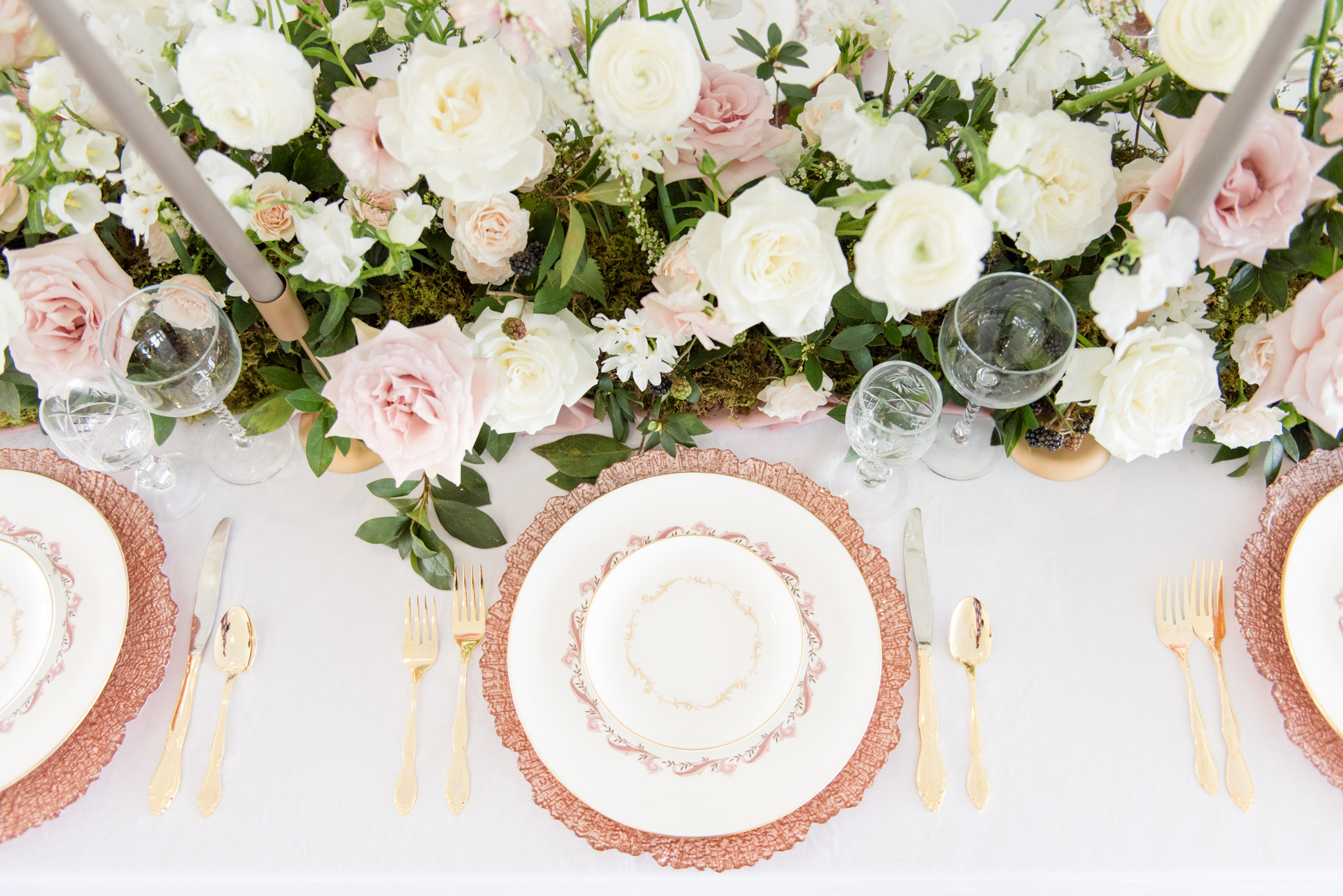 Rose gold and white wedding table.