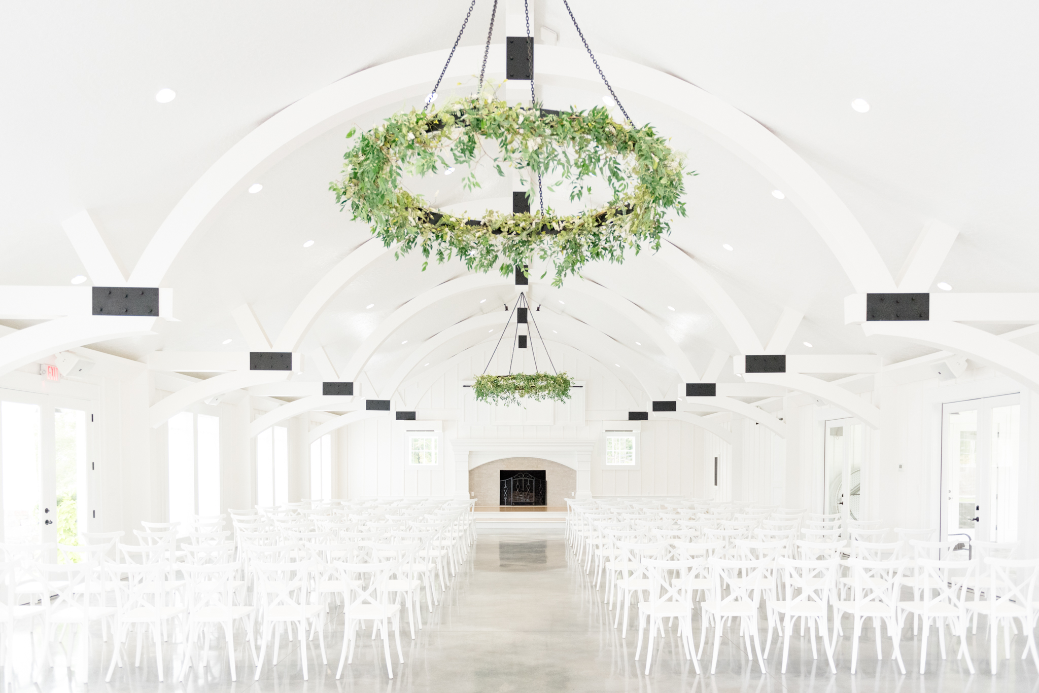 Large vaulted room for wedding ceremony.