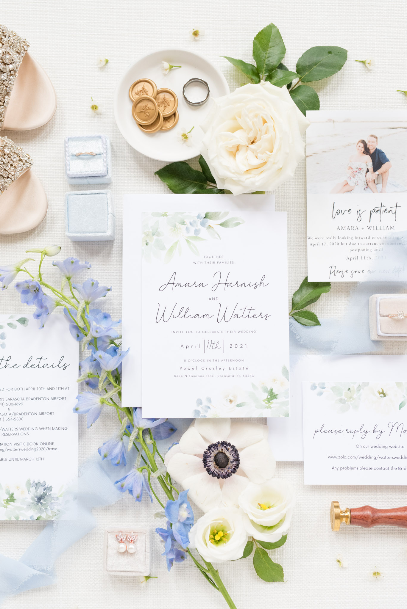Wedding invitation and bride's details.