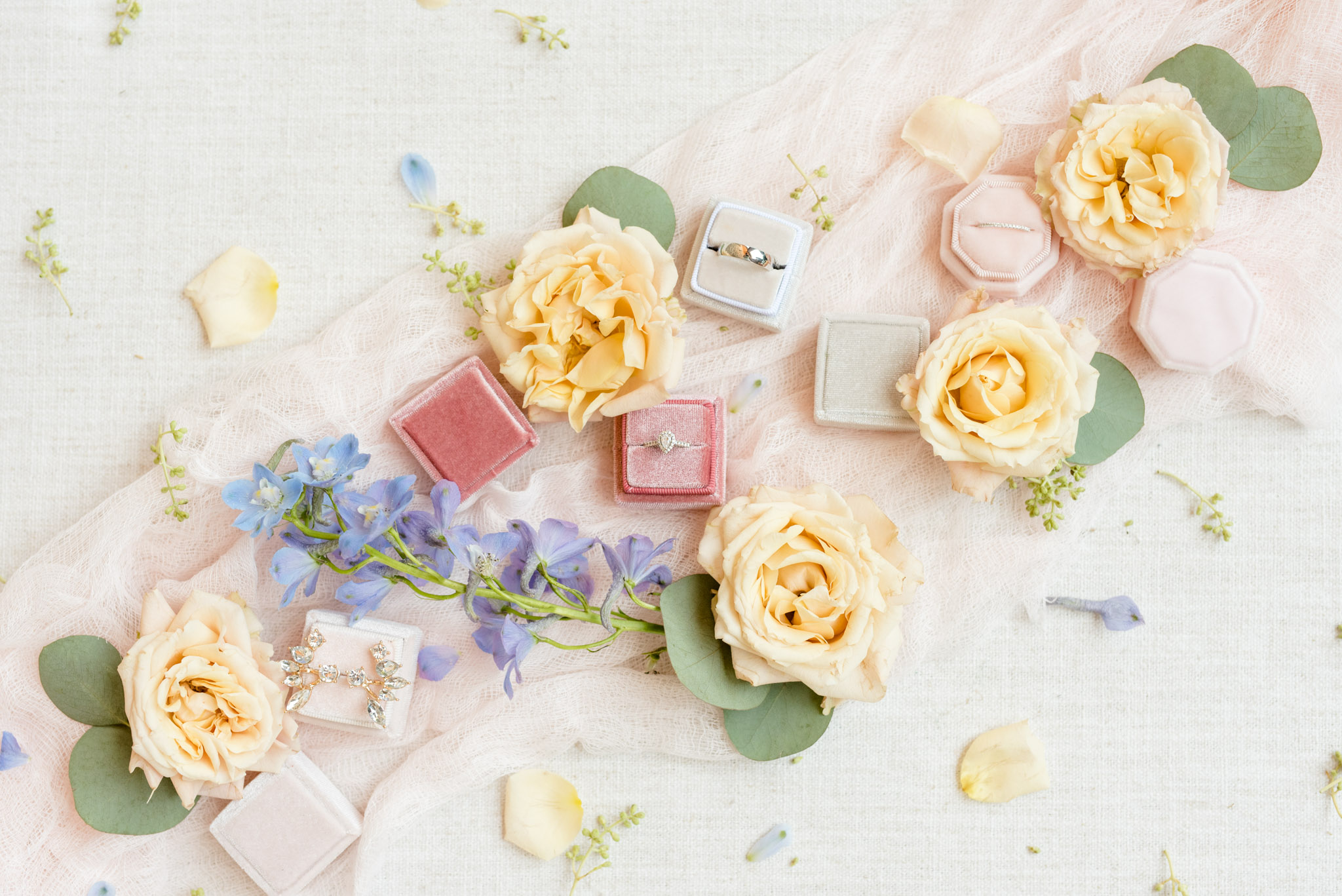 Wedding rings with ribbon and flowers.