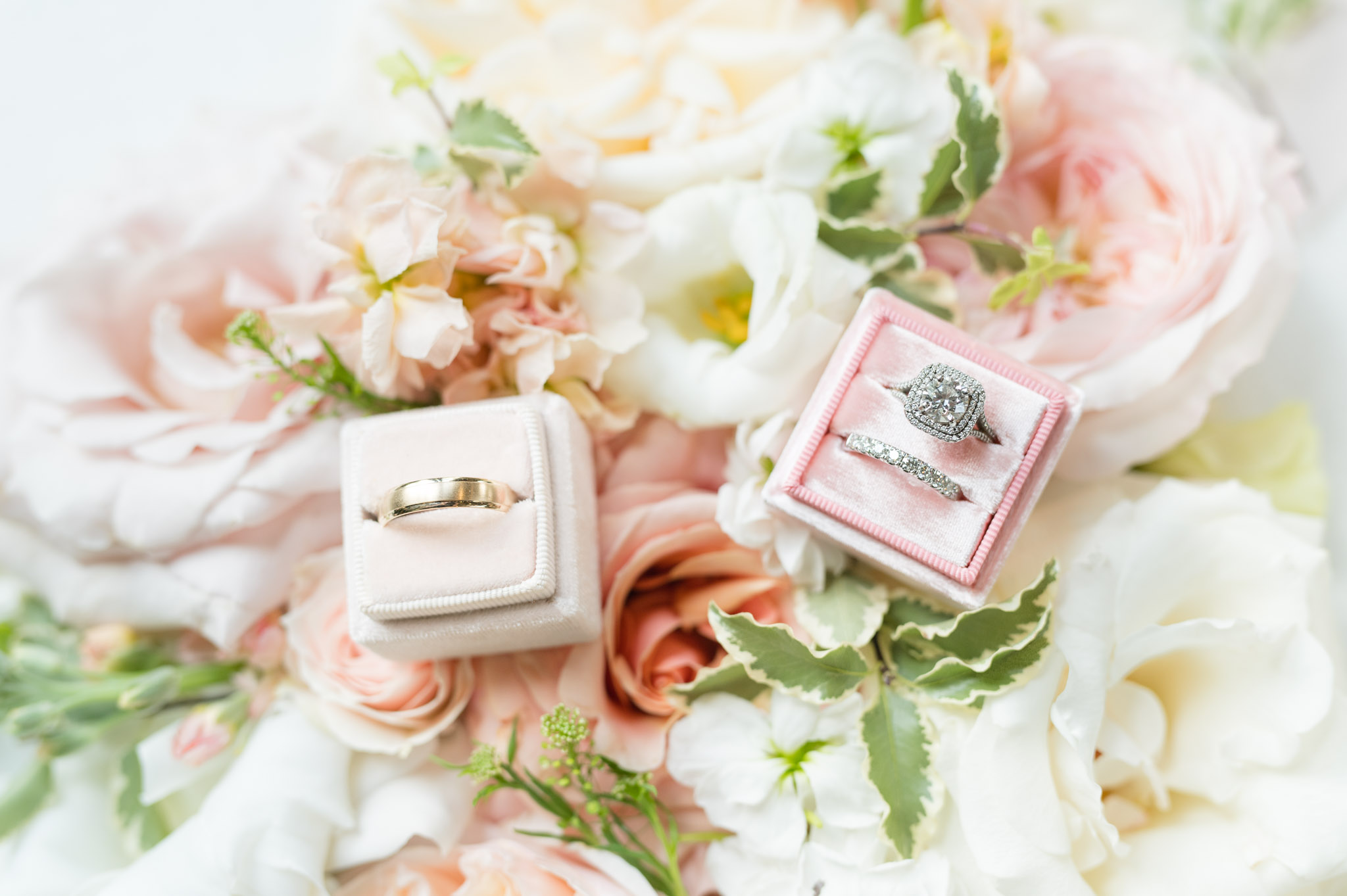 Wedding rings sit in ring boxes on flowers.