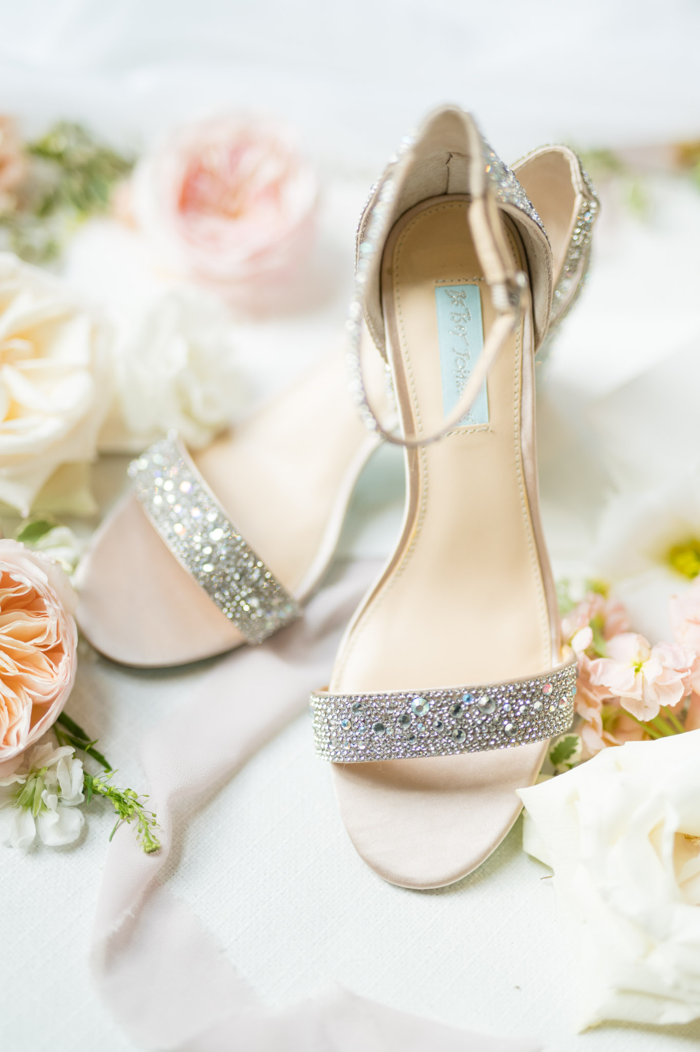 Closeup of brides shoes.