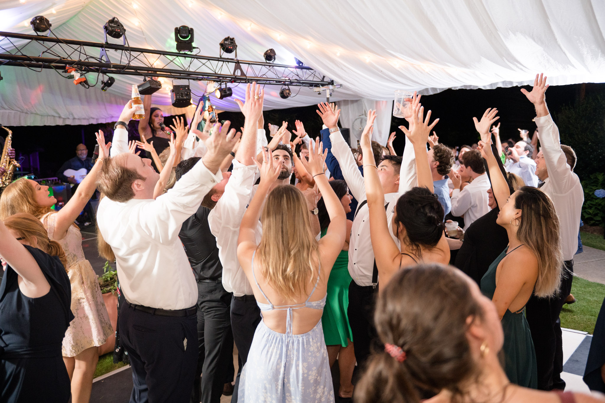 Wedding guests cheer for reception entertainment. 