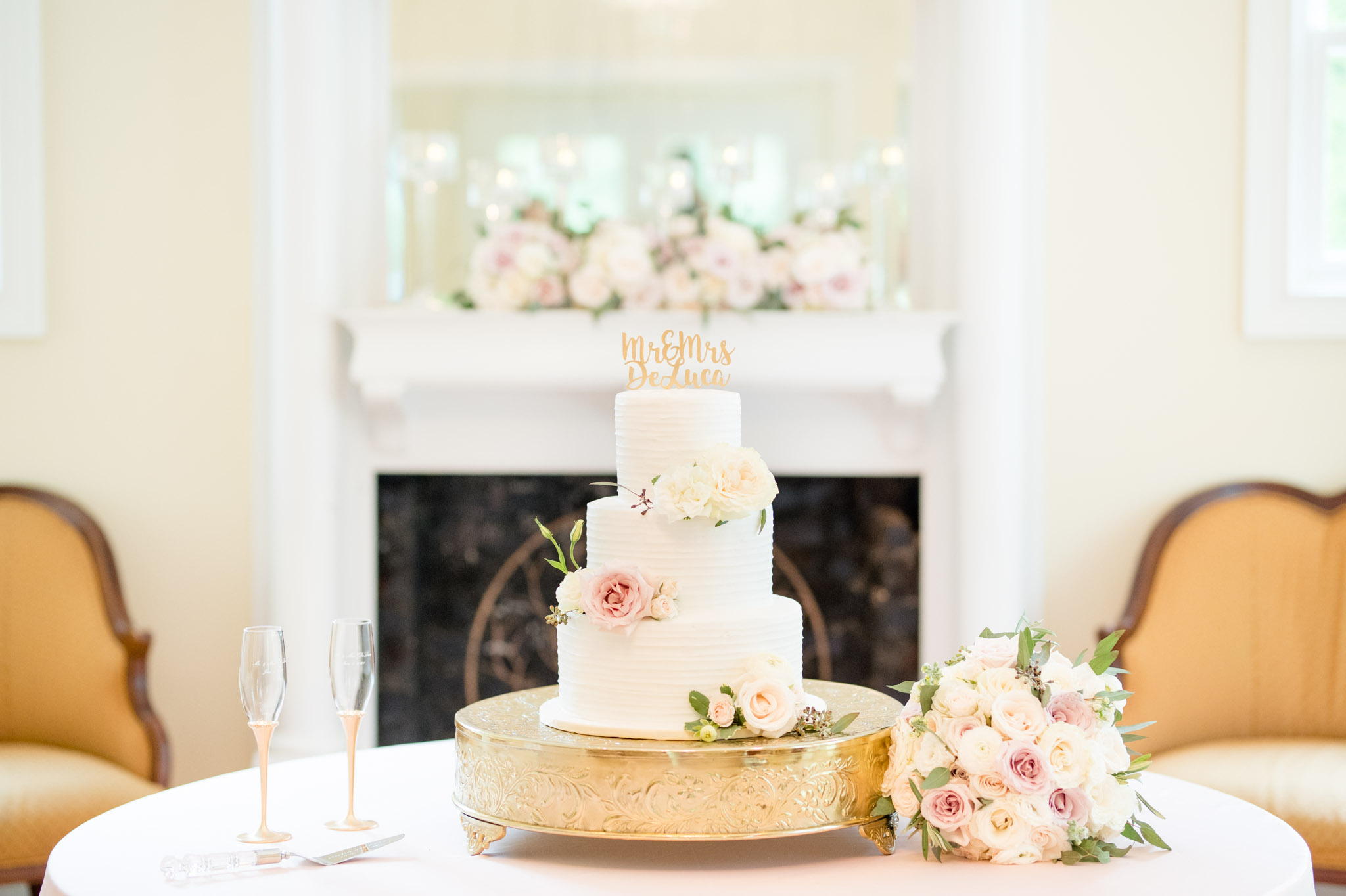 Wedding cake on display at reception.