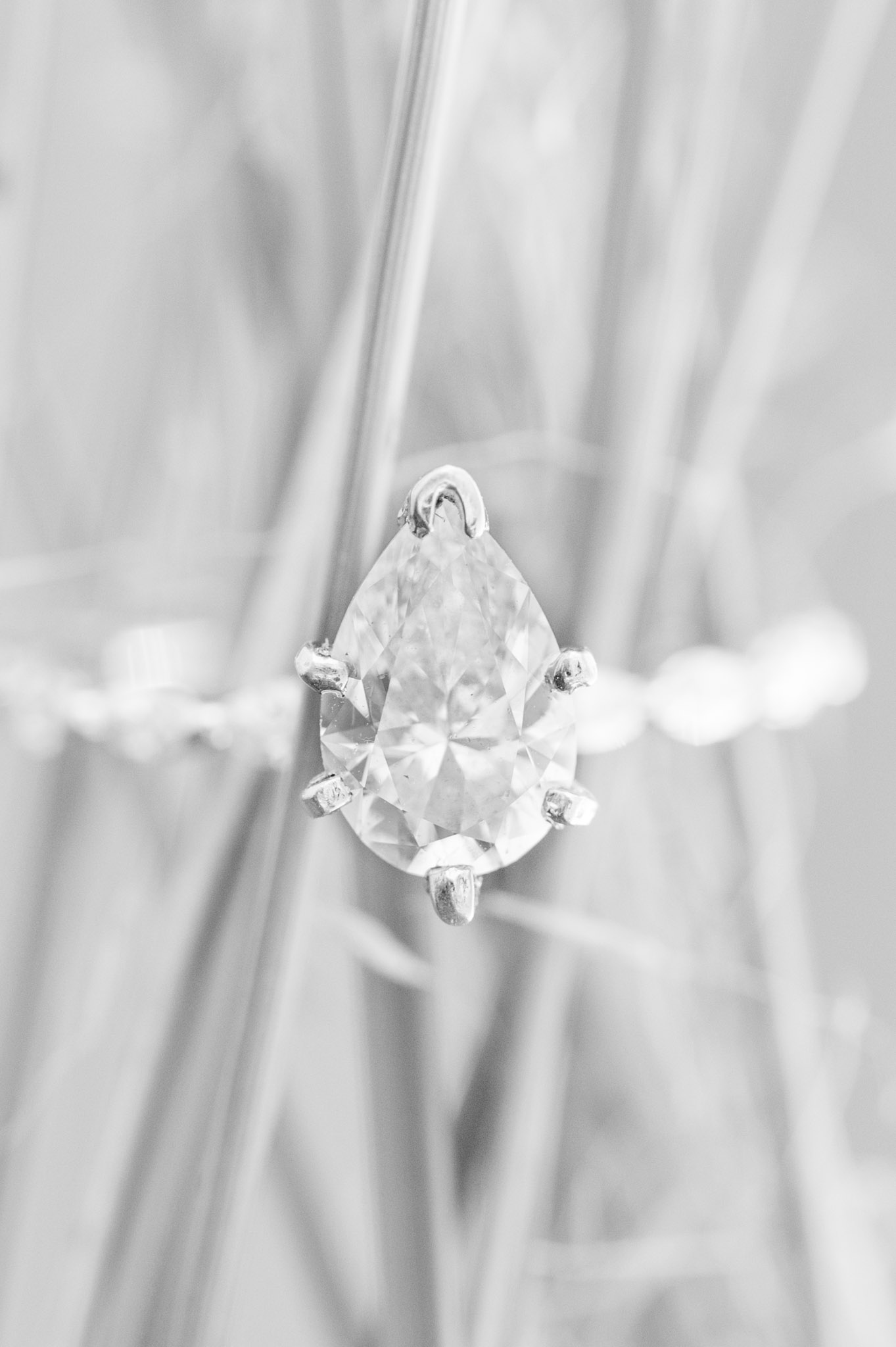Pear shaped engagement ring sits in grass.