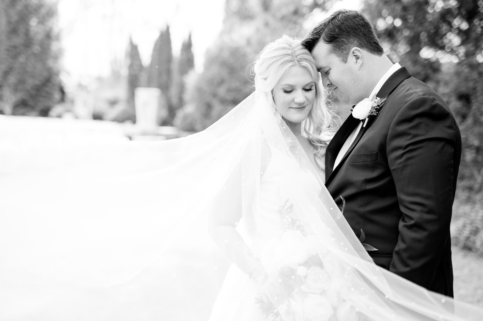 Bride snuggles groom while veil blows.